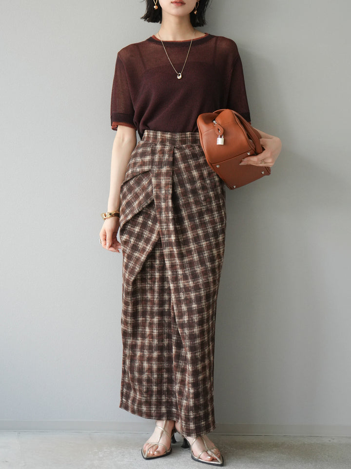 [SET]リネンタッチ配色二重臼ハーフニットトップス+選べるアソート柄スカートセット(2set)