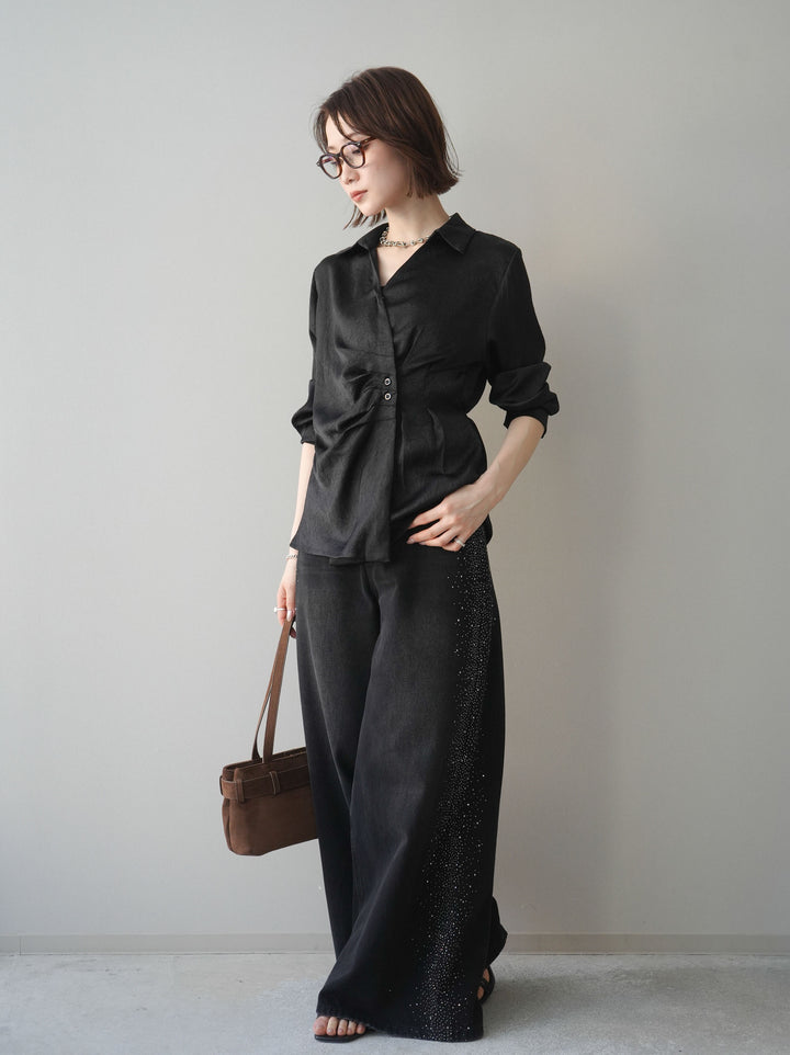 [予約]サイドビジューワイドデニムパンツ/black