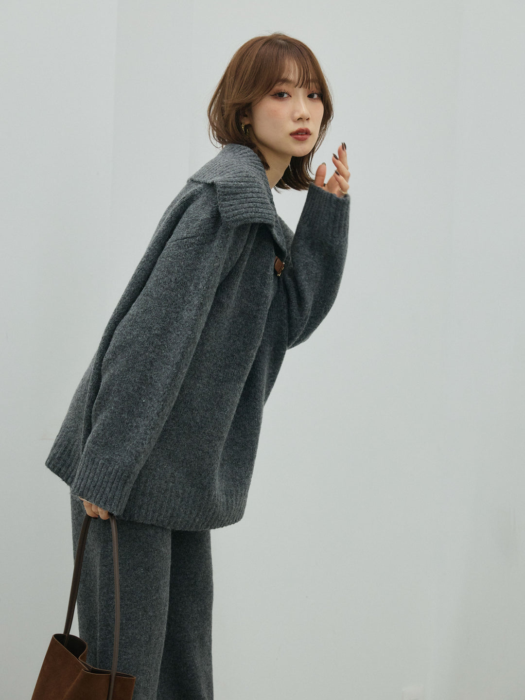 [SET]ベルトデザインポロニット&ニットパンツSET UP