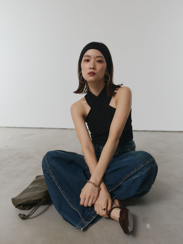 【Allure】[SET]クロスリブニットタンクトップ+サイドタックヴィンテージワイドデニム(2set)