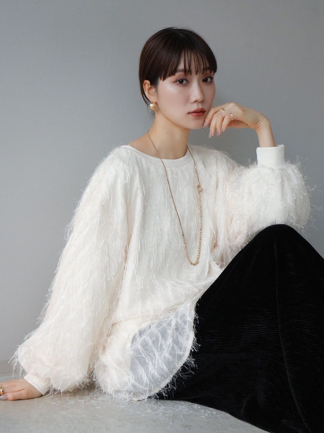 【預購】流蘇薄紗多層抓絨套頭衫/象牙色