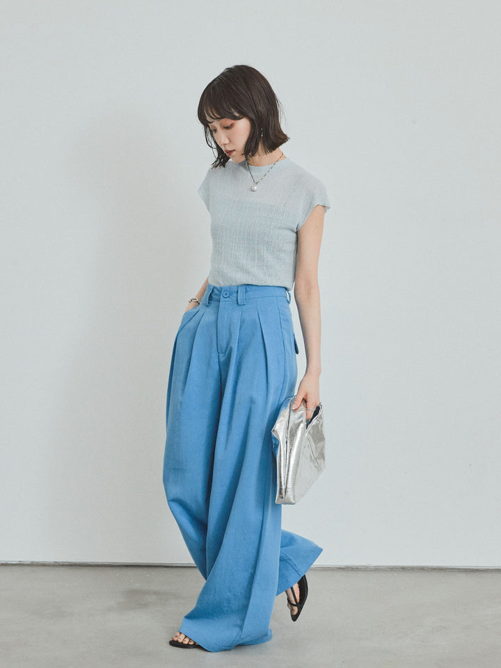 【預訂】亞麻觸感褶邊闊腿褲/藍色