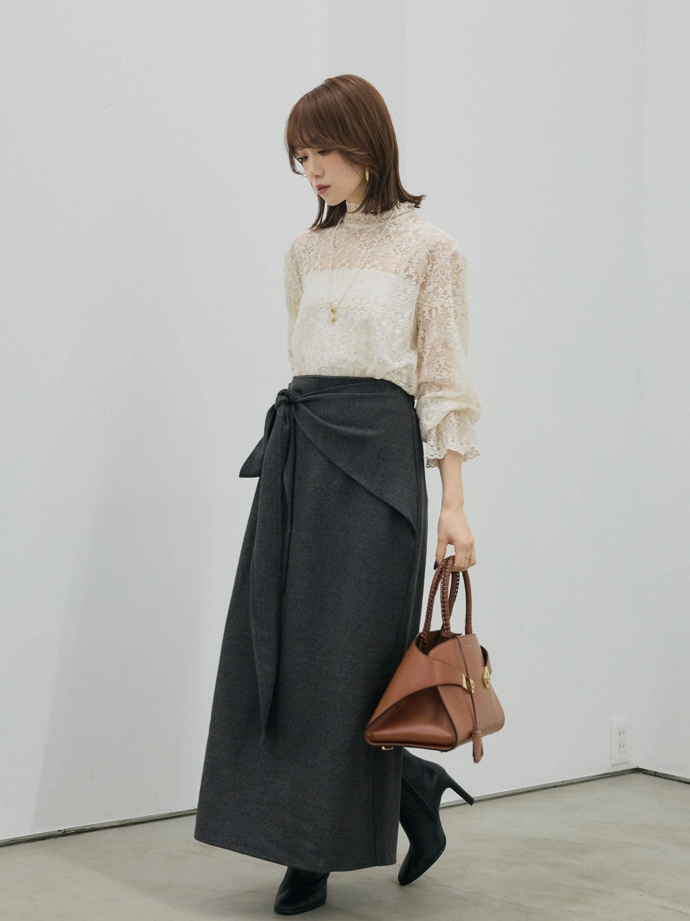 予約]ウールタッチウエスト巻きスカート/charcoal – Lumier