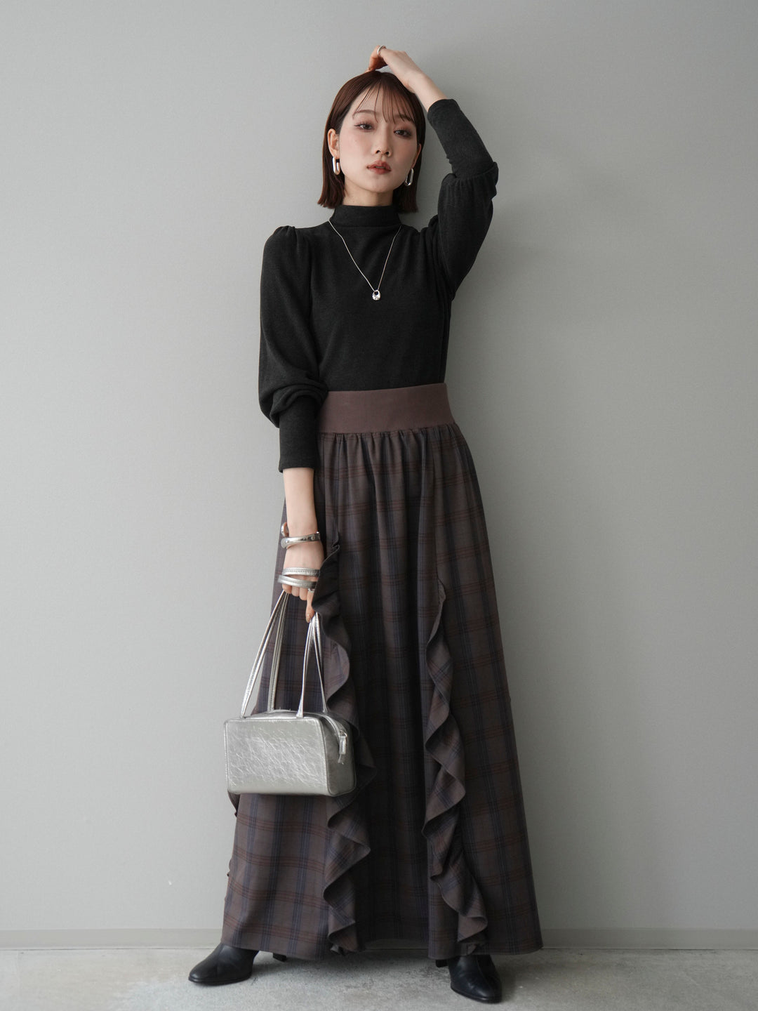 [SET]プチネックパワーショルダー起毛トップス+チェック柄フリルハイウエストマキシスカート(2set)