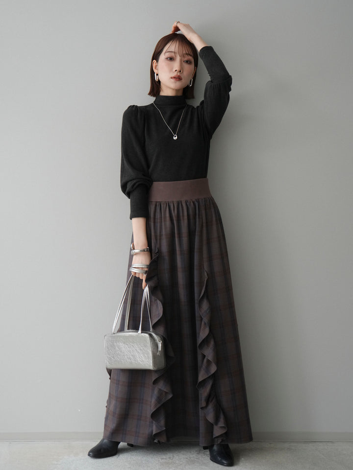 [SET]プチネックパワーショルダー起毛トップス+チェック柄フリルハイウエストマキシスカート(2set)