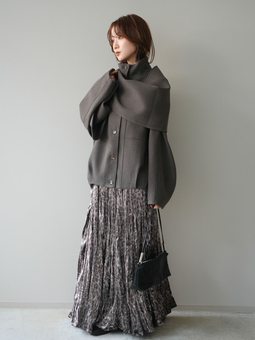 [予約]レオパードベロアワッシャーロングスカート/gray