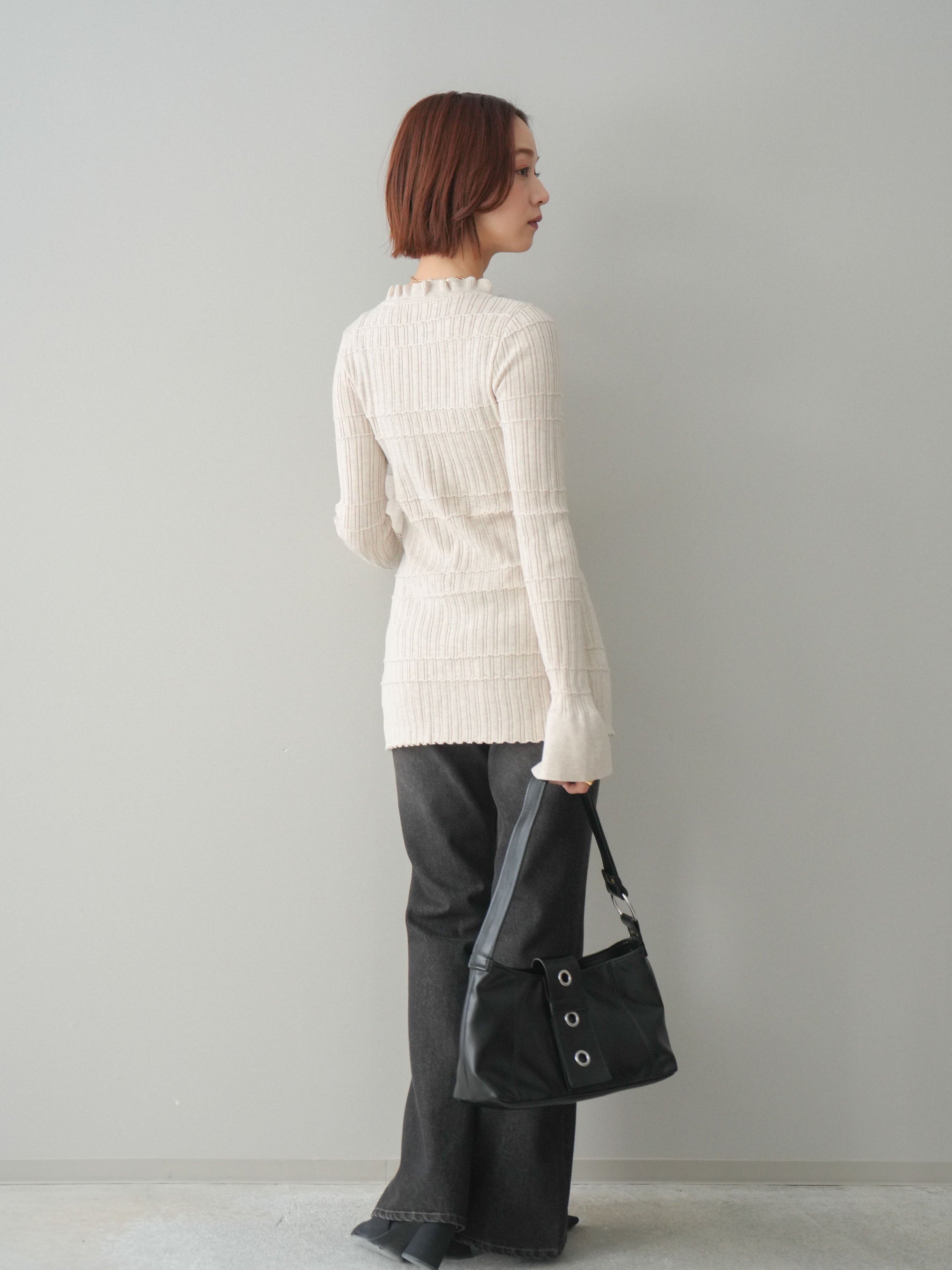 SET]フロントフリルリブニットカーディガン+フレアデニムパンツ(2set