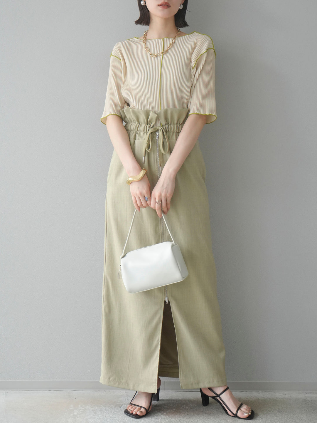 【SET】配色褶皺半袖上衣 + 配色褶皺半袖上衣 (2 件套)