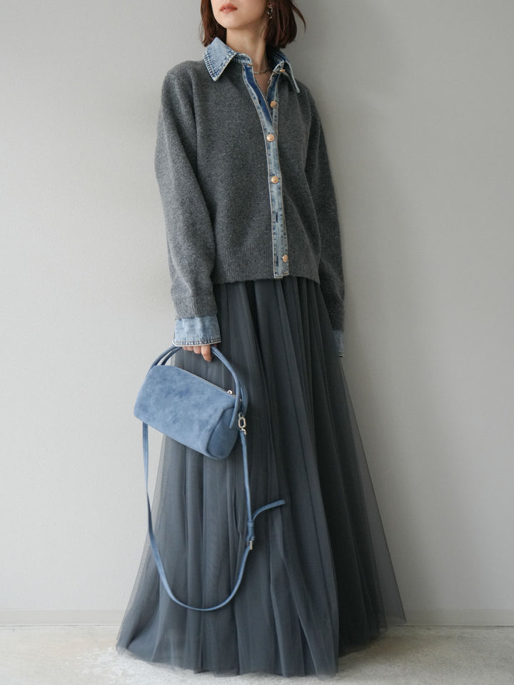 [SET]デニム襟ボタンニットカーディガン+チュールボリュームスカート(2set)