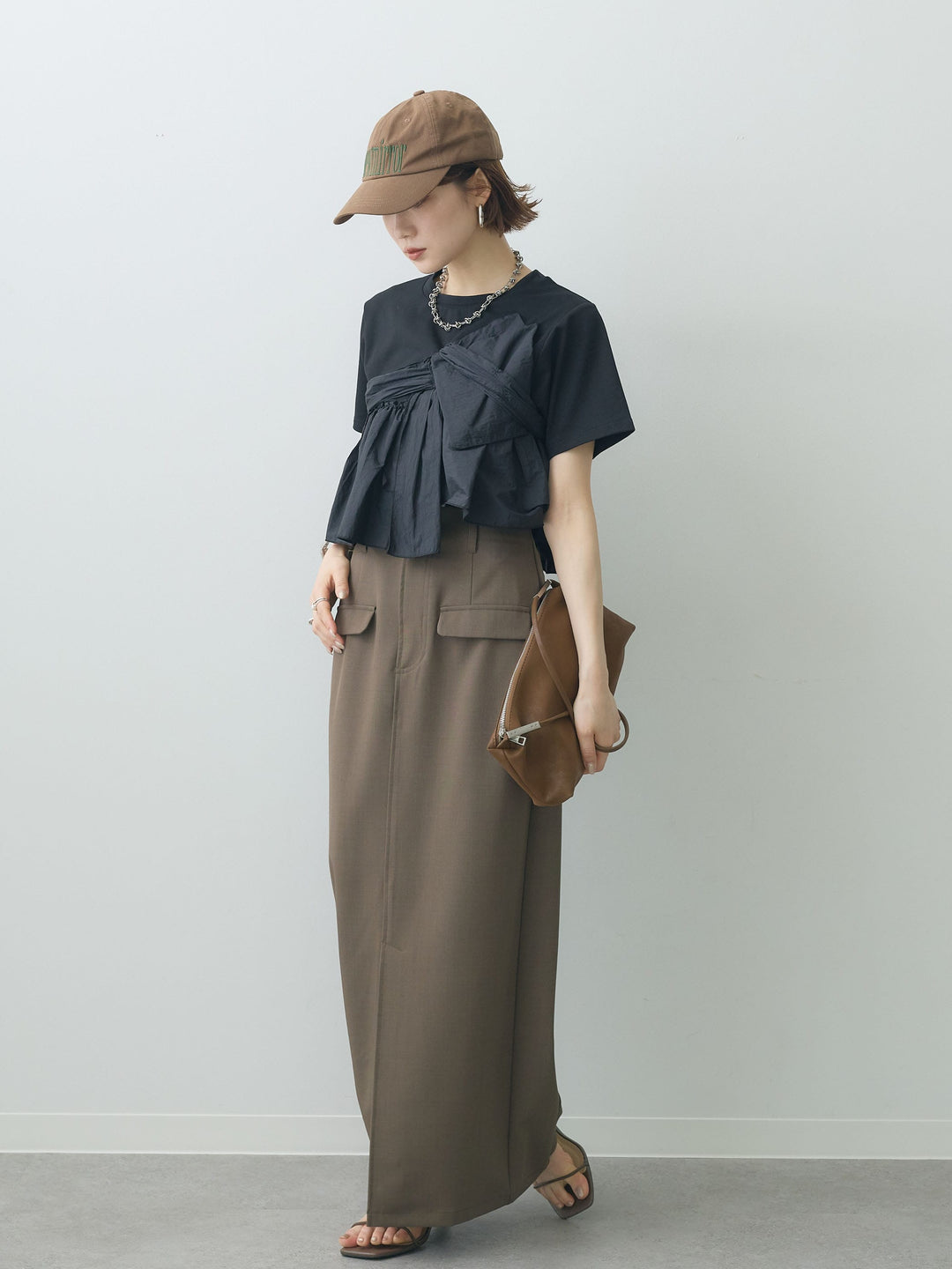 【着回しセット】[SET]ナイロンドッキングツイストTEE +クレープデシンフラップ付きストレートスカート+ストーンウォッシュルーズフィットデニム(3set)