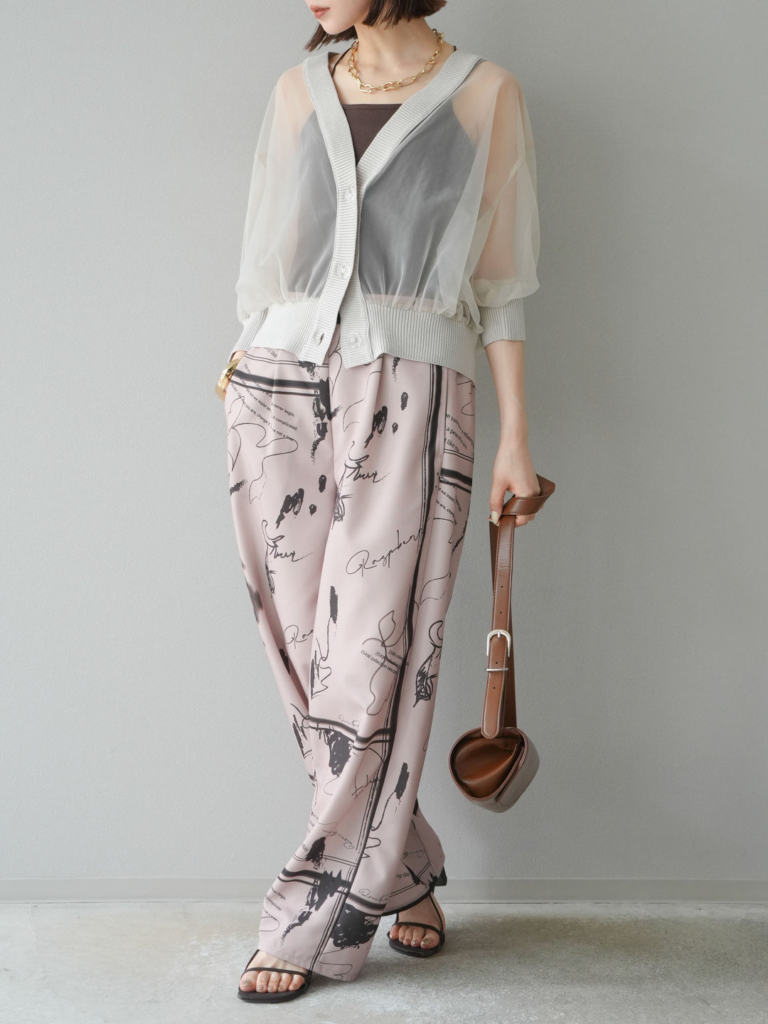 [SET] 透視半袖褶皺開襟衫 + 彩繪圖案褶襉褲 (2set)