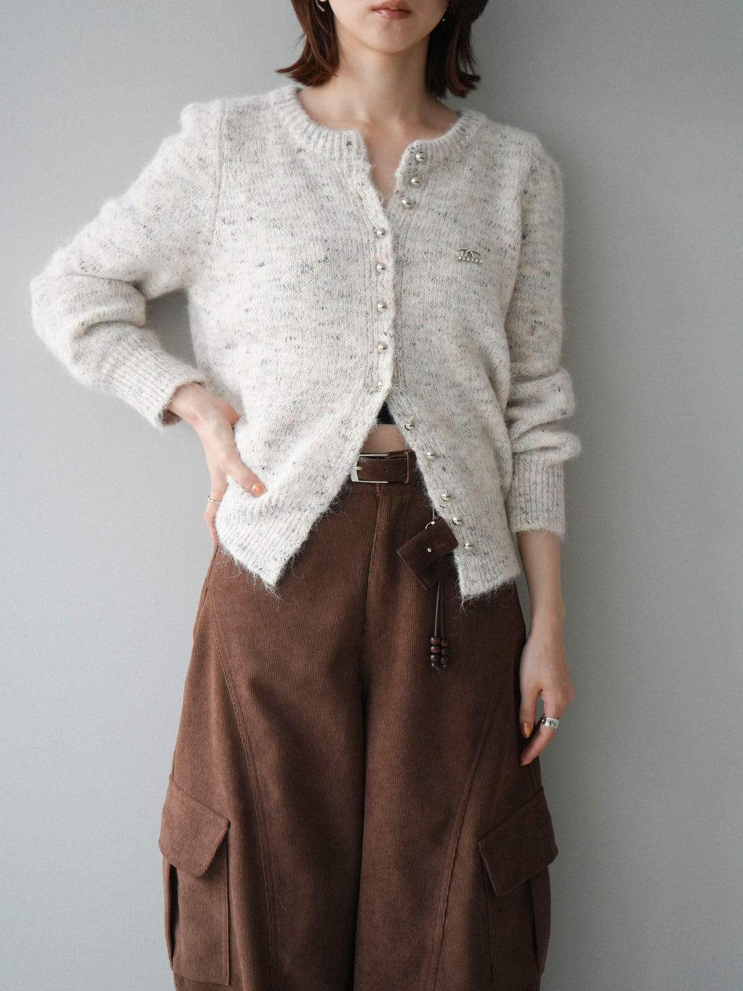 [SET]ブローチ付silverボタンミックスニットカーディガン+選べるアクセセット(2set)