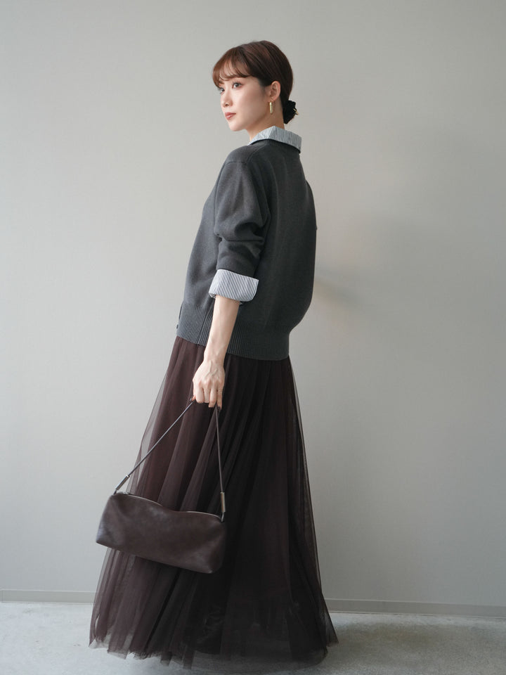 [SET]シャツドッキングデザイン裾ボタンニットプルオーバー+チュールボリュームスカート(2set)