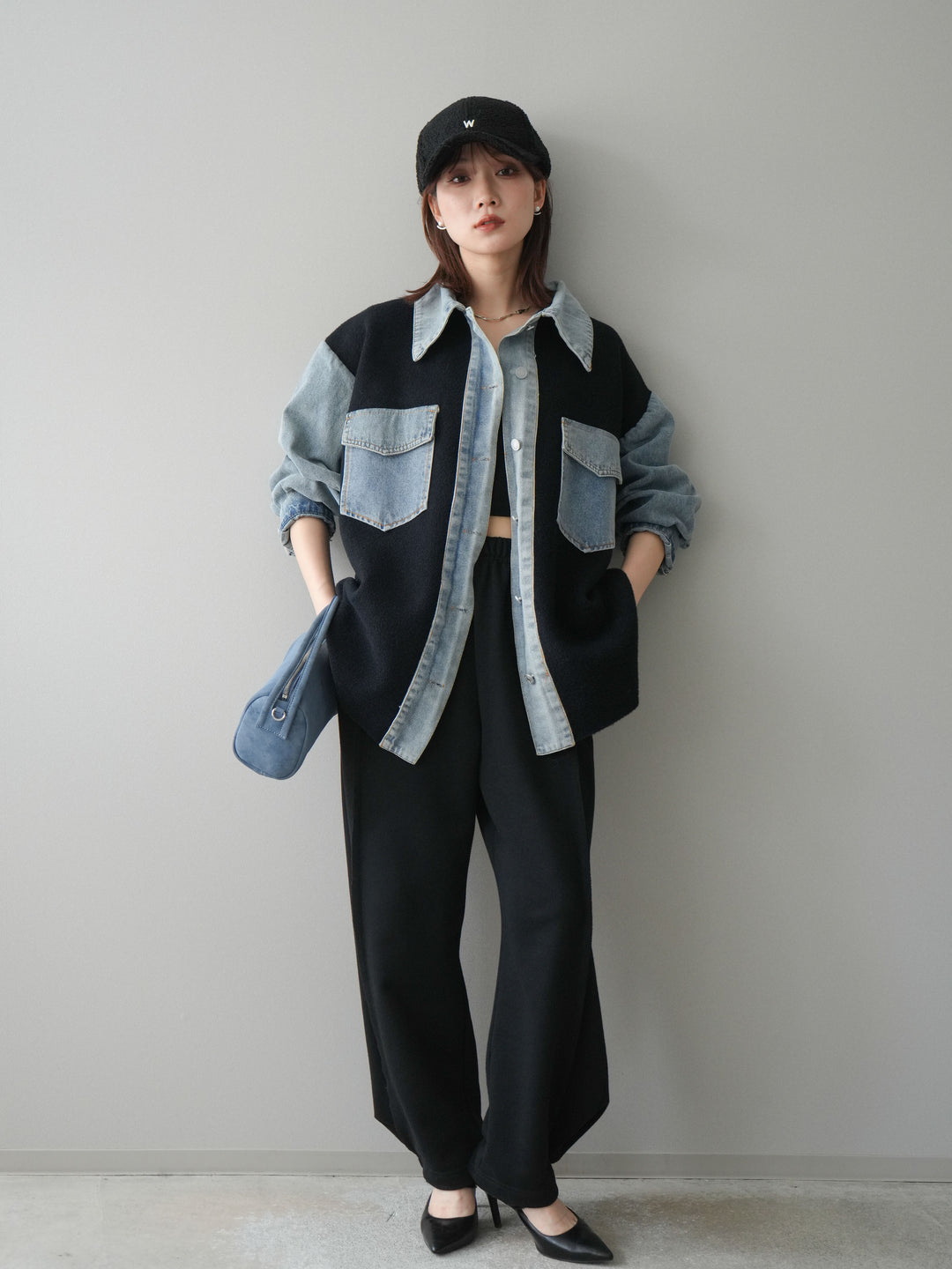 [SET]デニム襟ダブルフェイスニットカーディガン+2WAYデザインスウェットパンツ(2set)