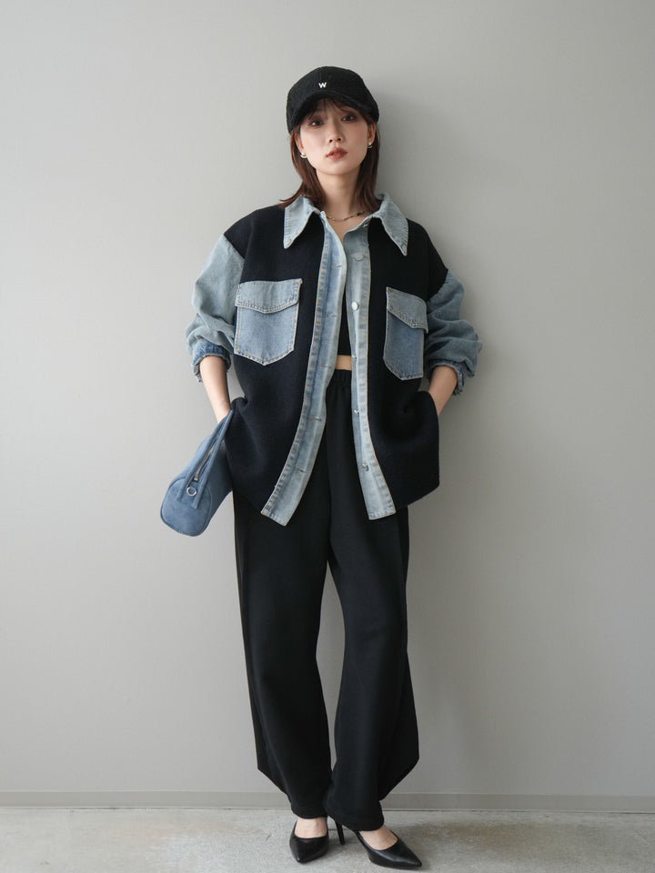 [SET]デニム襟ダブルフェイスニットカーディガン+2WAYデザインスウェットパンツ(2set)