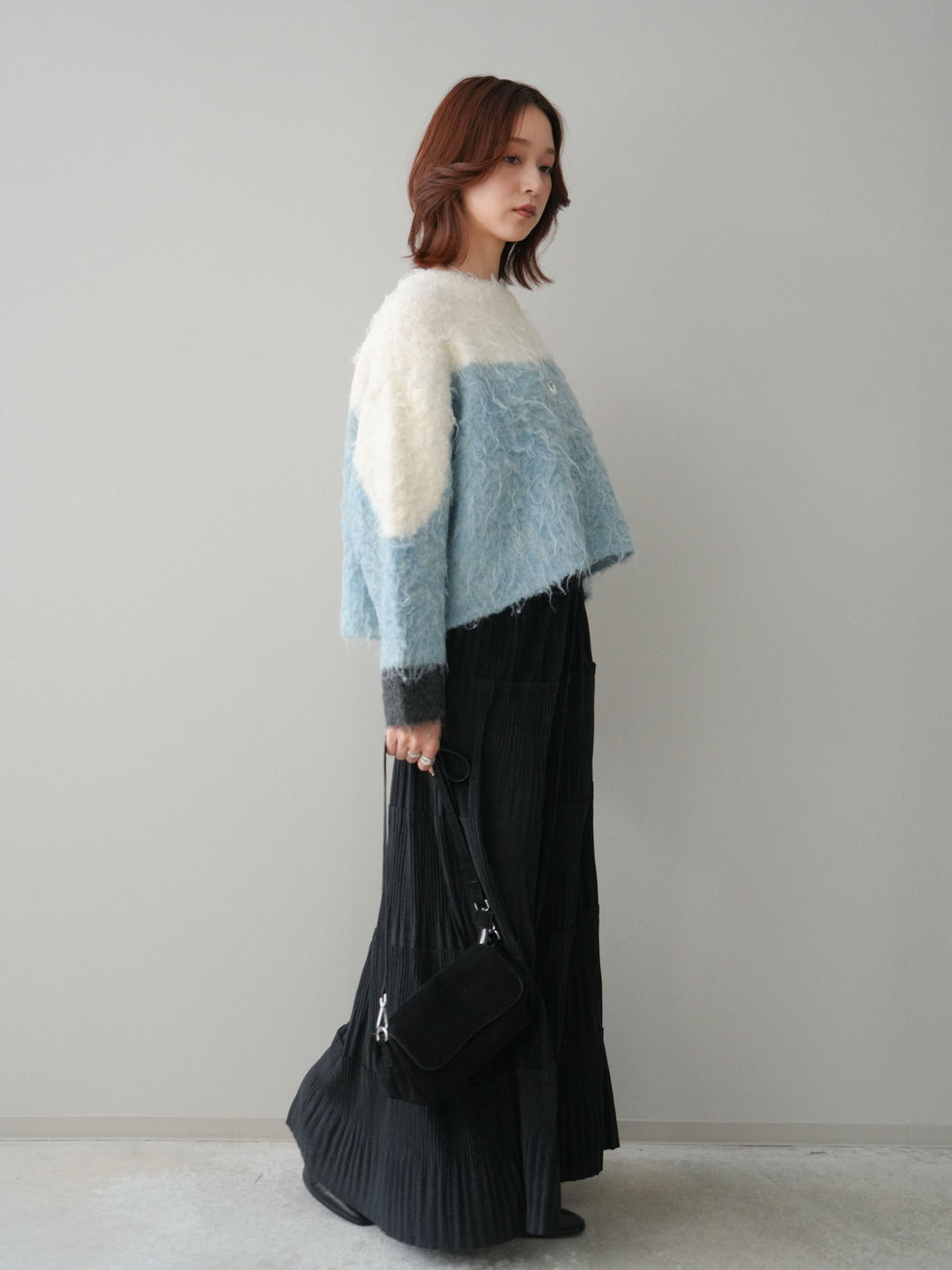 [SET]バイカラーモヘアタッチニットプルオーバー+型押しスエードティアードプリーツスカート(2set)