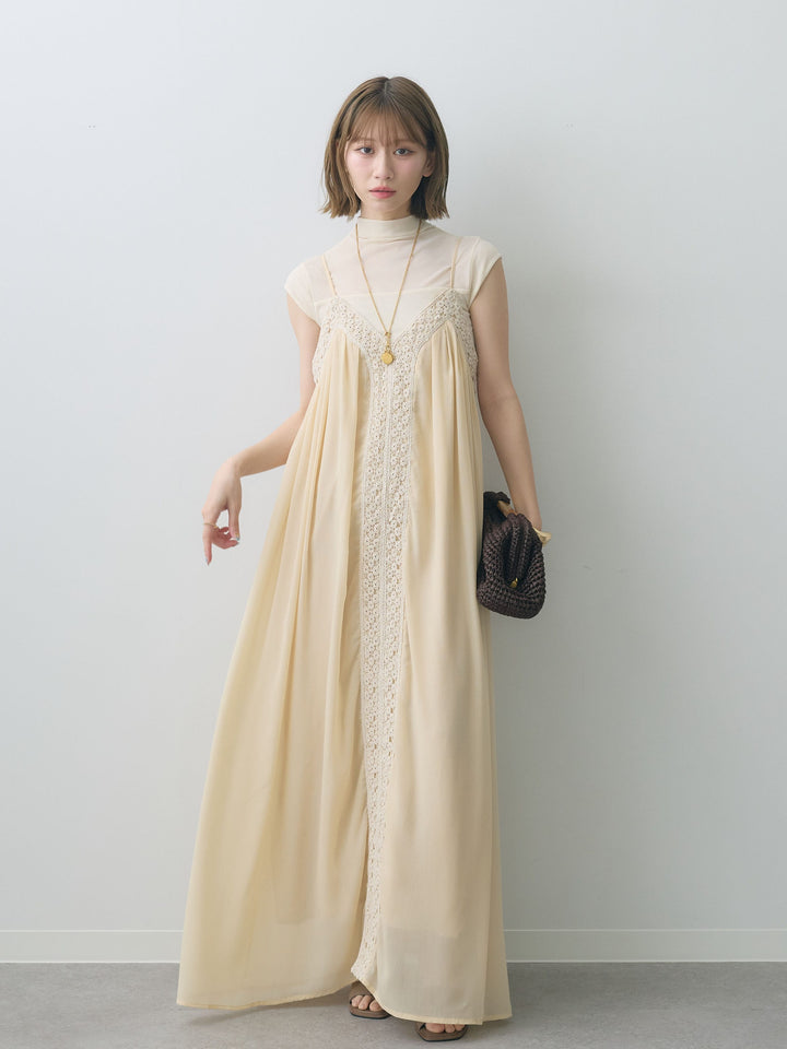 [SET]センタークロシェレースキャミワンピース+シアー切替ストレッチトップス(2set)