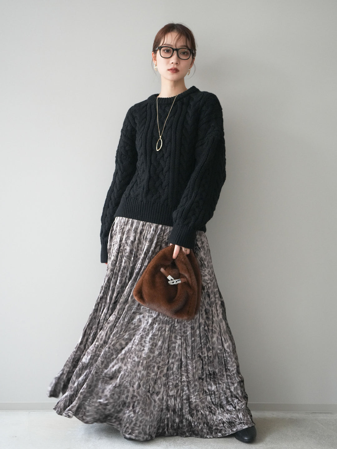 [予約]レオパードベロアワッシャーロングスカート/gray