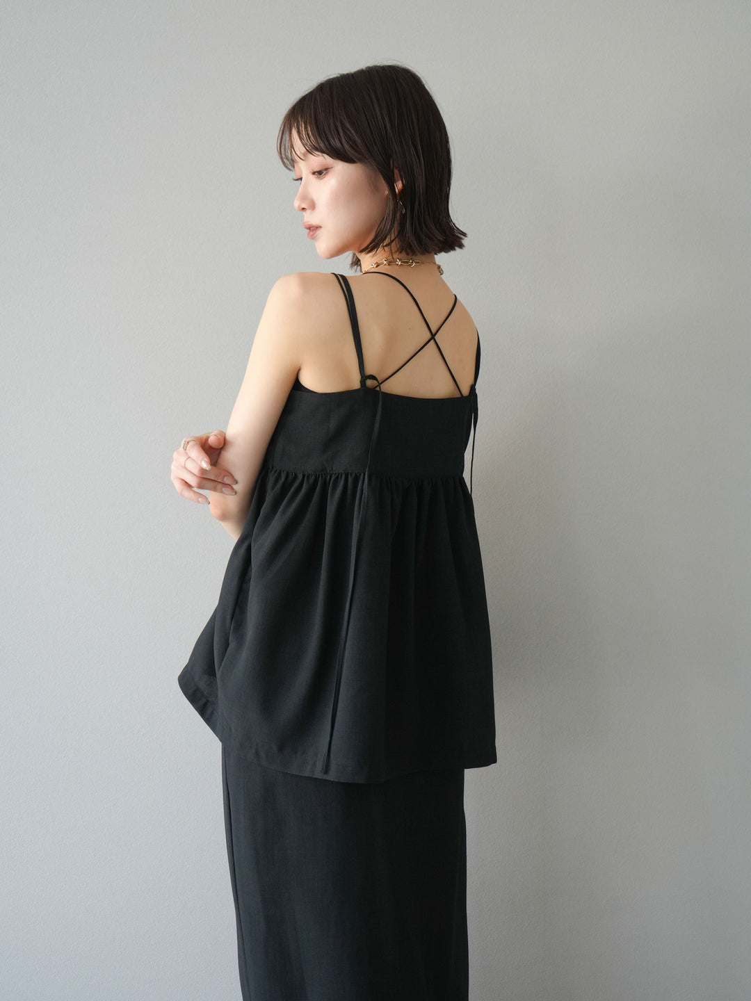 [予約]リネンライクビスチェデザインキャミソール/ブラック