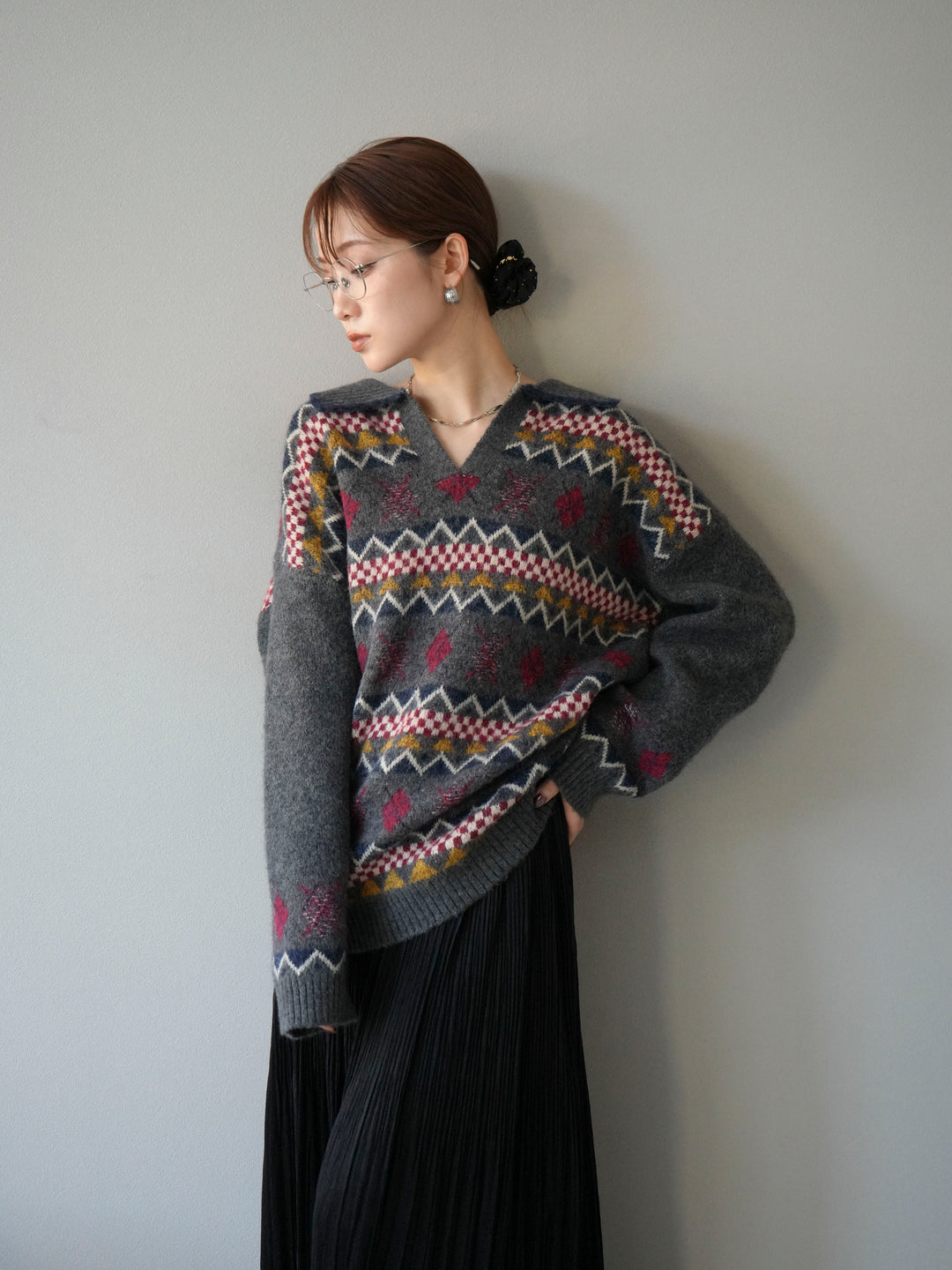 [予約]ノルディック柄ポロニットプルオーバー/チャコール