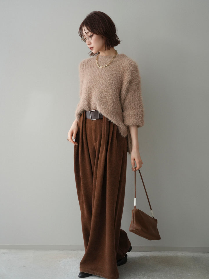 [SET]ボリュームスリーブシャギー MIXニットプルオーバー+ベルトデザインループコールテンワイドパンツ(ベルト付き)(2set)