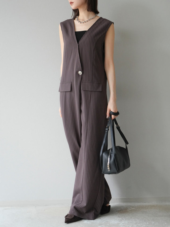 [予約]ストライプラップデザインオールインワン/ブラウン