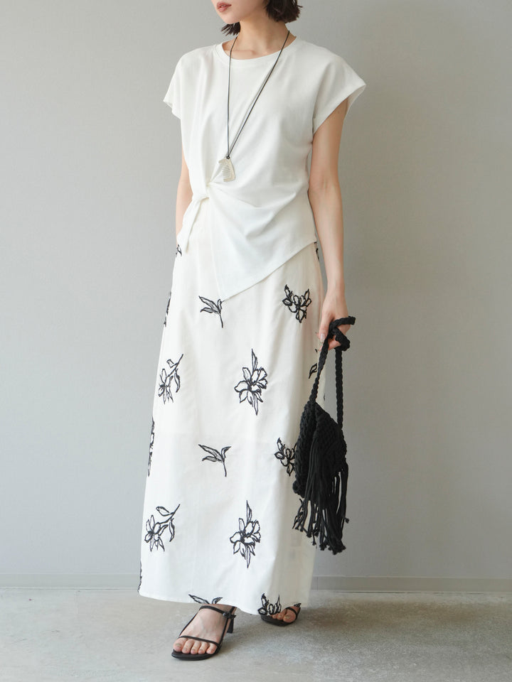 [予約]フラワー刺繍ナロースカート/ホワイト