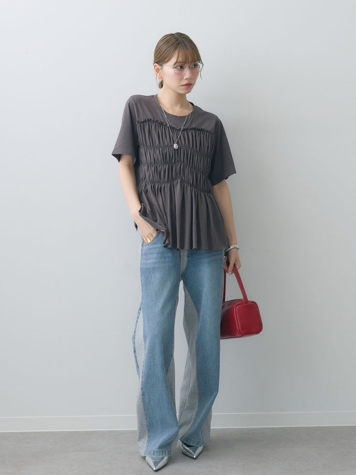 [SET]クールタッチシャーリングTEE+デニム切替スウェットパンツ(2set)