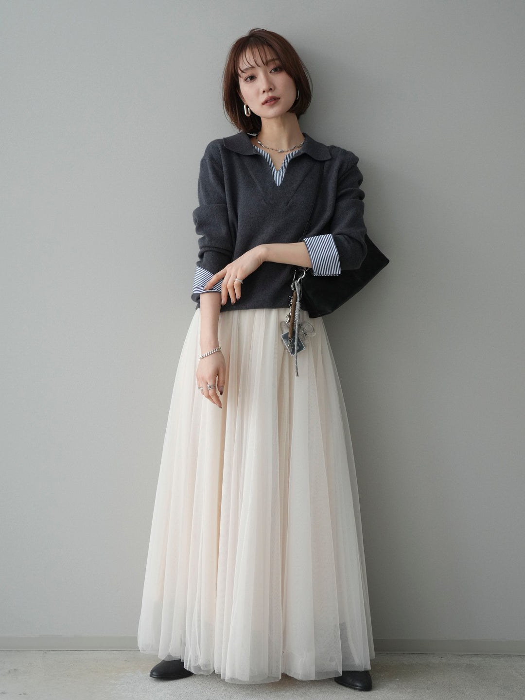 [予約]シャツレイヤードスキッパーニットプルオーバー/charcoal