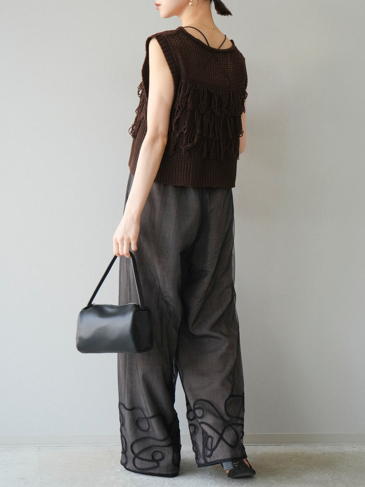 [SET]透かし編みフリンジニットトップス+コード刺繍チュールレイヤードパンツ(2set)