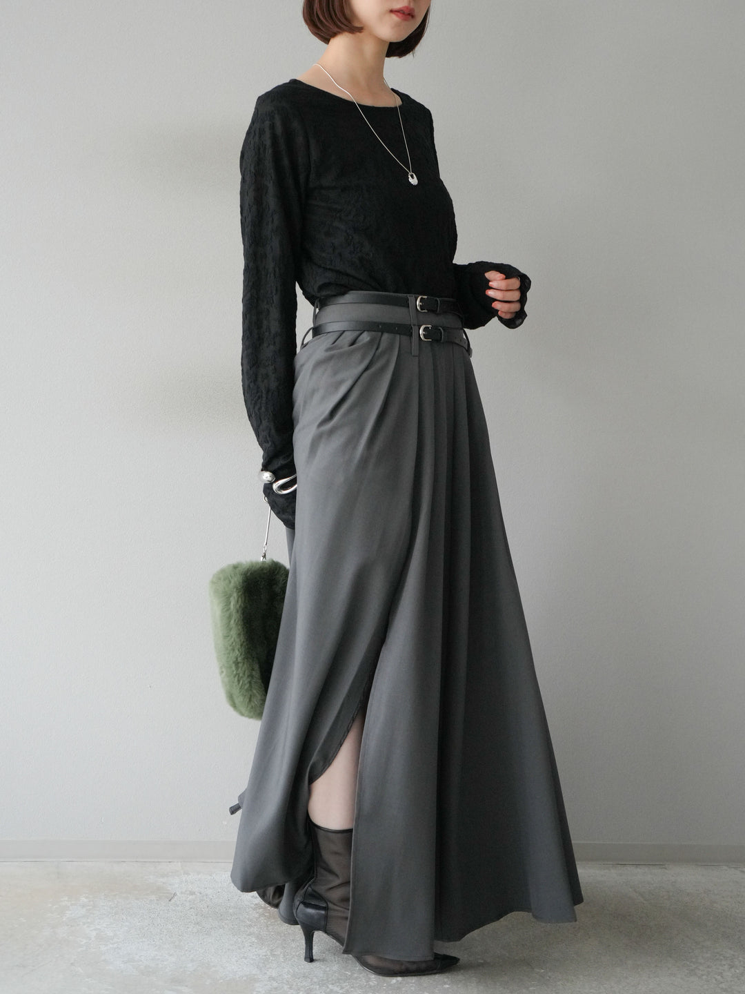 [SET]シアージャガードトップス+エステルプリーツスリットスカート(2set)