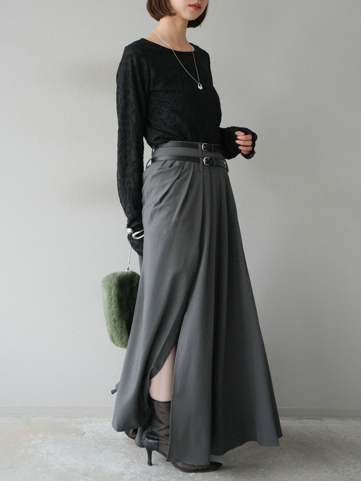 [SET]シアージャガードトップス+エステルプリーツスリットスカート(2set)