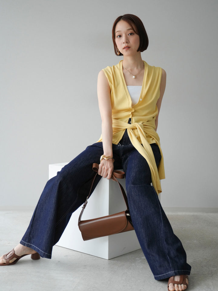 【預購】無袖圍腰針織開襟衫/黃色