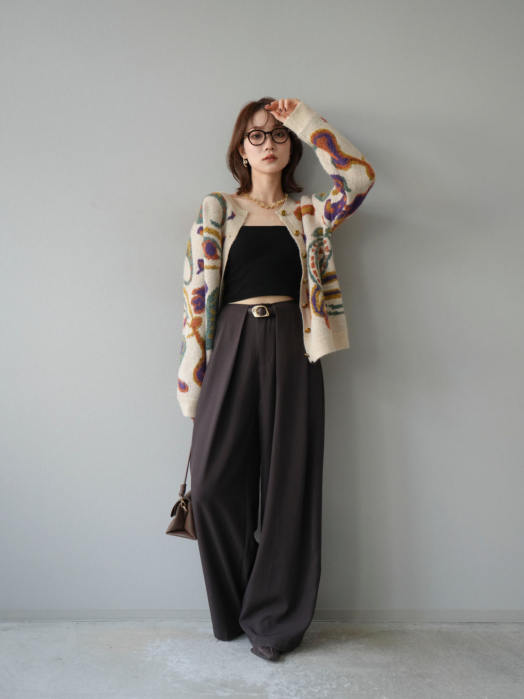 【着回しセット】[SET]求心柄クロップドニットカーディガン+ミックスヤーンペイズリー柄ニットカーディガン+ベルトループデザインワイドパンツ(3set)