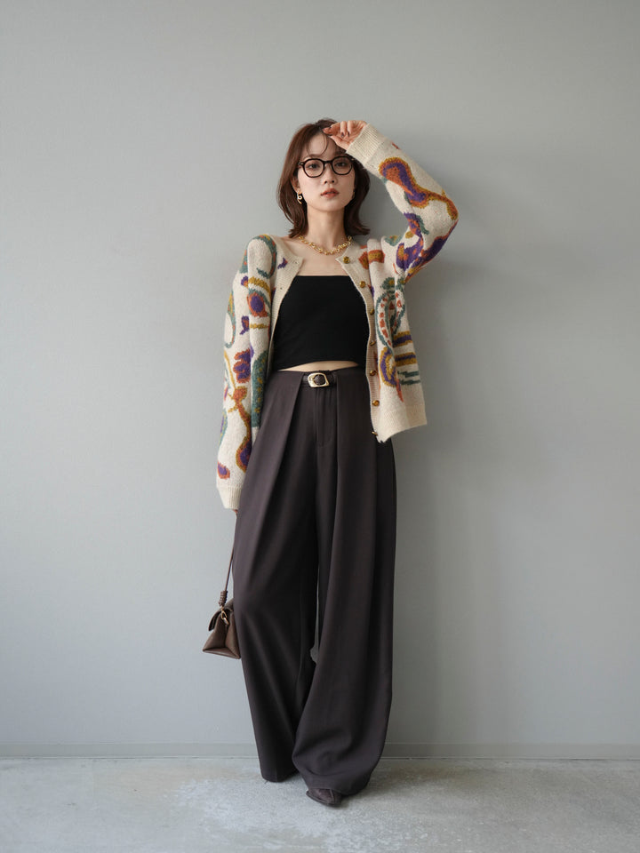 【着回しセット】[SET]求心柄クロップドニットカーディガン+ミックスヤーンペイズリー柄ニットカーディガン+ベルトループデザインワイドパンツ(3set)