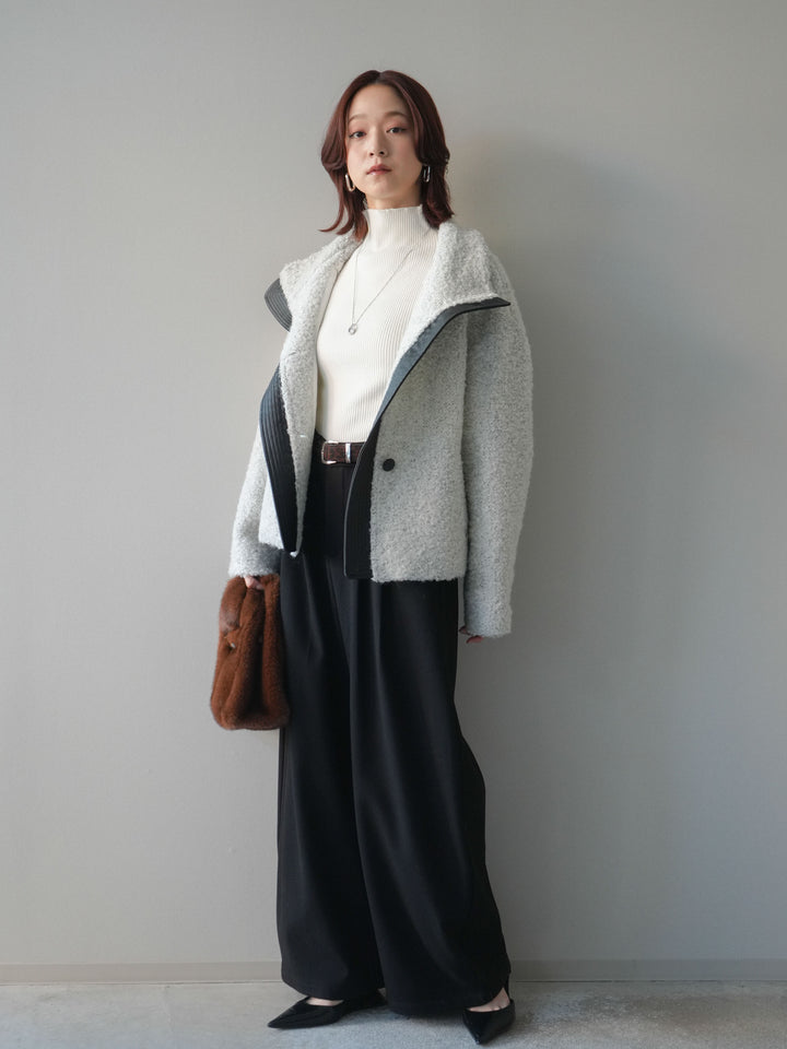 [SET]レザー切替ブークレブルゾン+アニマル柄ベルト付きウールタッチワイドパンツ(2set)