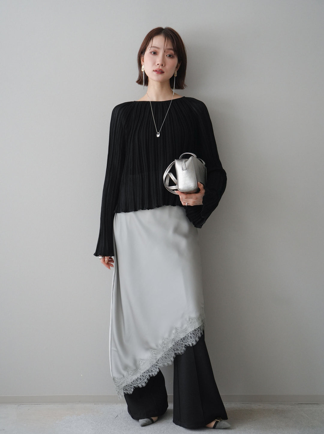 [SET]プリーツシアーフレアスリーブニットトップス+プリーツシアーフレアスリーブニットトップス(2set)