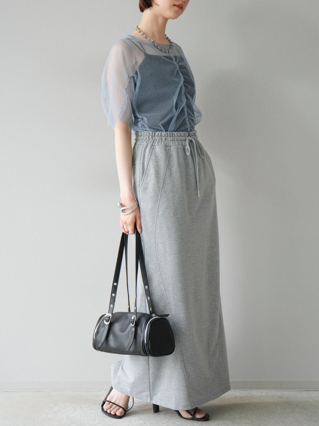 [SET]ラメチュールシャーリングプルオーバー+スウェットロングスカート(2set)