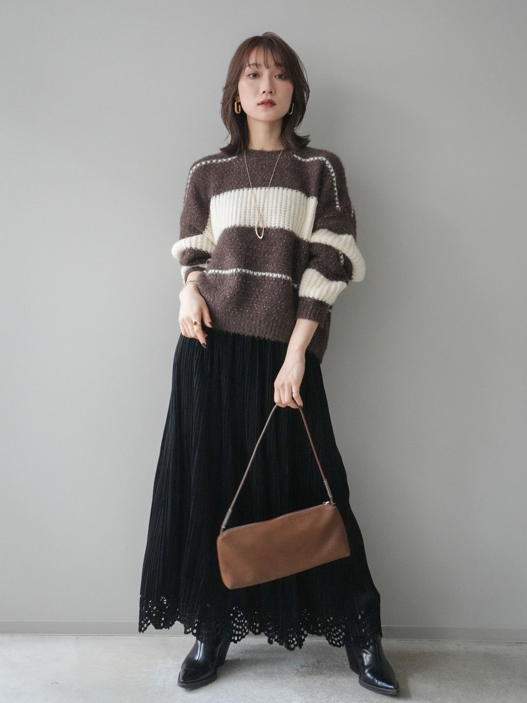 [予約]パンチングデザインスエードプリーツスカート/black