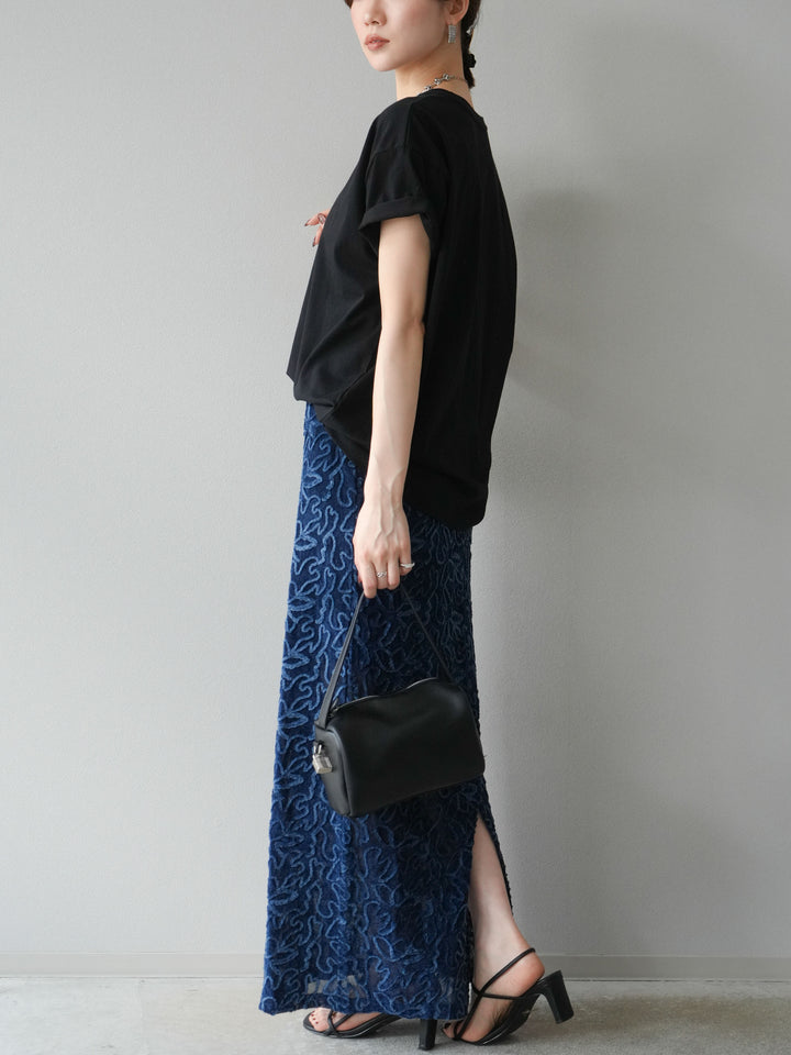 [予約]パイピングフラワーシアーベロアスカート/ネイビー