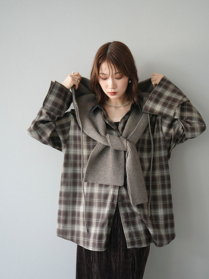 [予約]レザー襟オンブレチェックオーバーシャツ /ブラウン