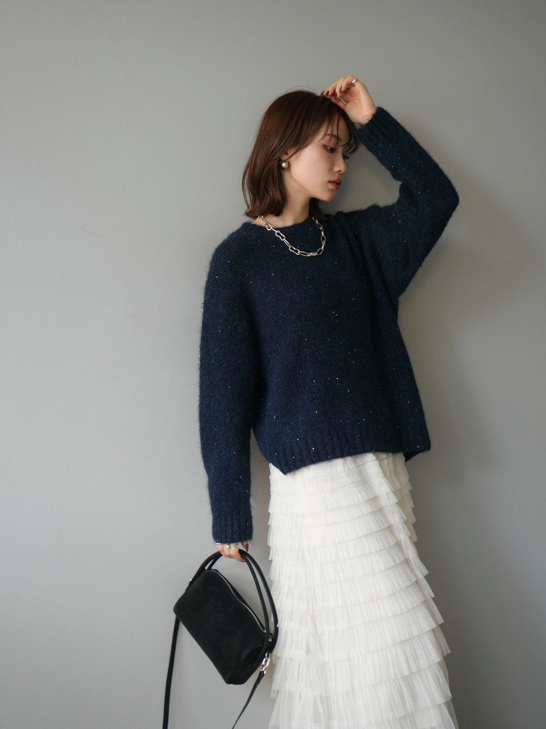 [予約]スパンコールニットプルオーバー/ネイビー