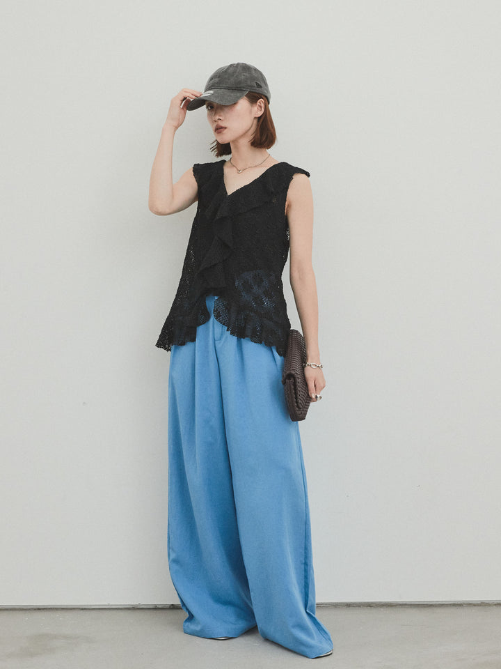 [SET]テープヤーンラッフルノースリトップス+リネンタッチタックワイドパンツ (2set)