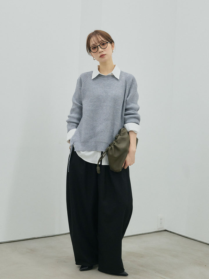 【Allure】[SET]サイドスリット畦編みニットプルオーバーシャツアンサンブル+モックスカルゼサイドタックコクーンパンツ(2set)