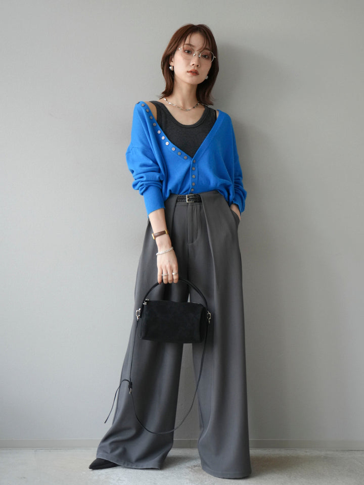 [SET]デザインボタンニットカーディガン＆タンクトップSET+ベルトループデザインワイドパンツ(2set)