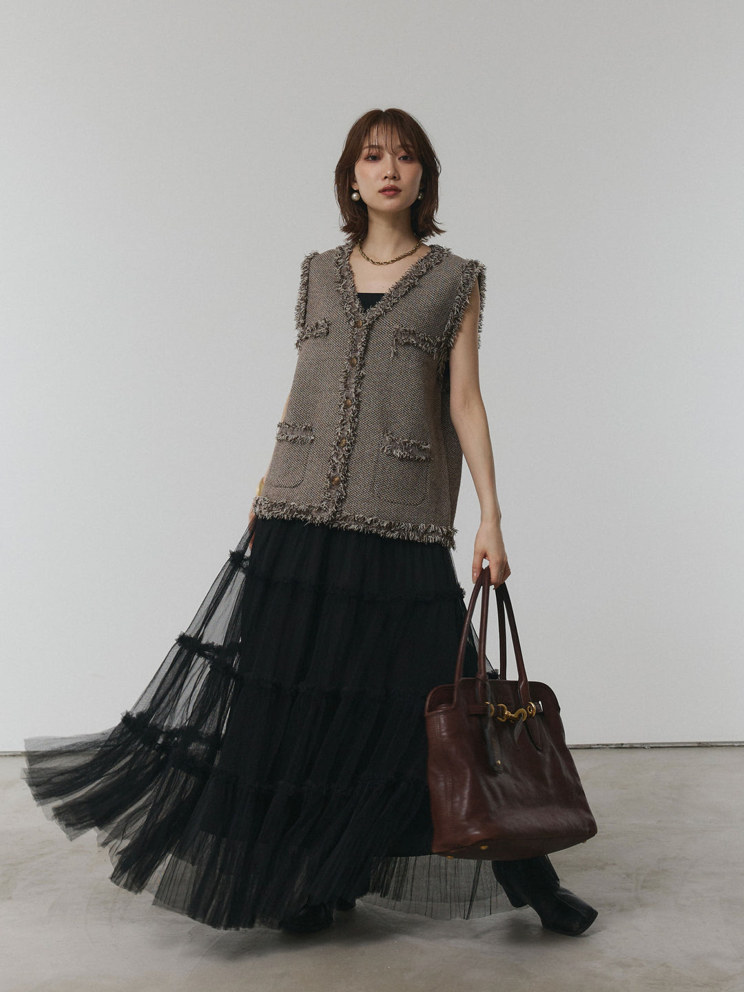 [予約]チュールティアードフレアスカート/ブラック