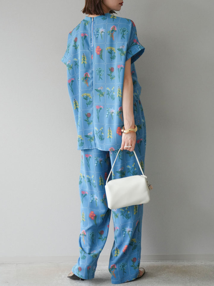 [予約]パッチワークフラワープリントイージーパンツ/ブルー