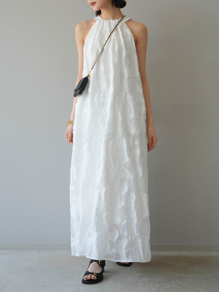 【預購】提花掛脖洋裝/白色