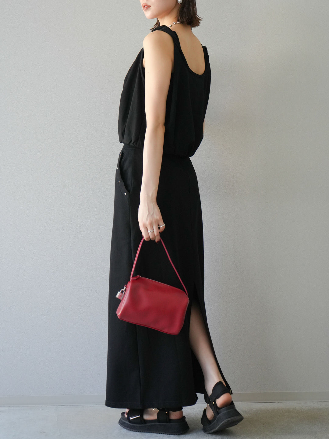 [SET]ミニ裏毛ツイストキャミバルーントップス＆Iラインスカート(2set)