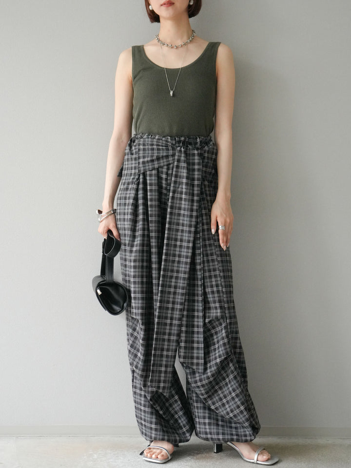 [予約]チェック柄ウエスト巻きドロストパンツ/ブラック